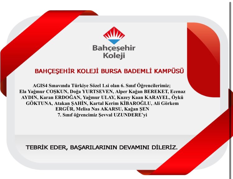 Bahçeşehir Koleji Türkiye Geneli AGIS 4 Sınavında Sözel Birincisi olan tüm öğrencilerimizi tebrik eder, başarılarının devamını dileriz. 👏🏻