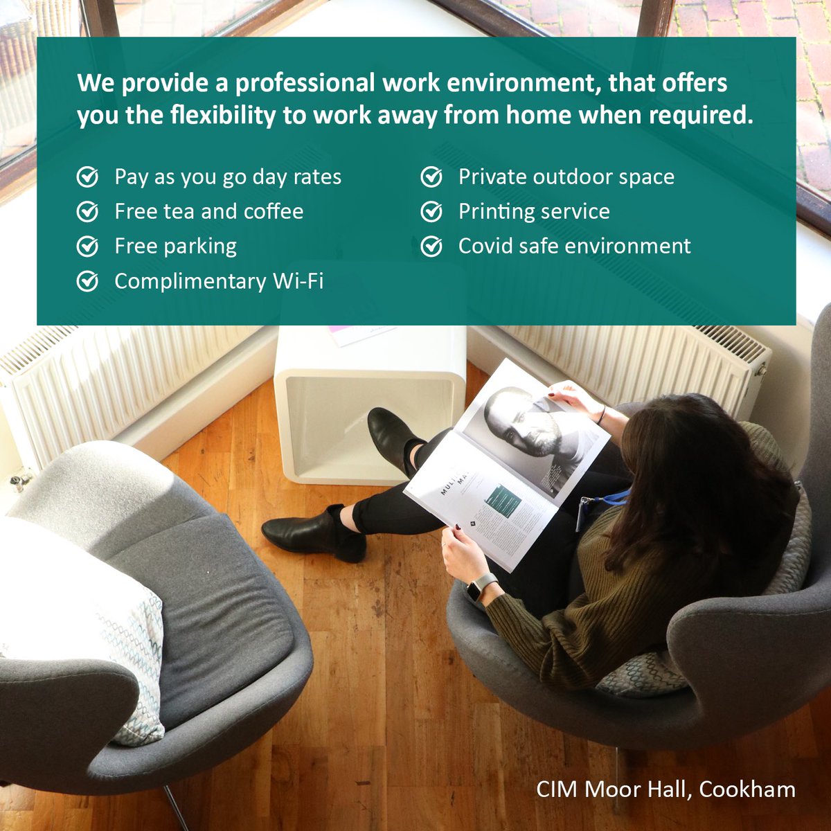 Flexible working options

Are you looking for a bit more routine?

Do you want to work away from home?

If the answer is yes to both of these questions then you might be interested in CIM Moor Halls two new offerings.

Private offices from £10 per day.

Email events@cim.co.uk 📧