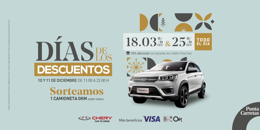 PuntaCarretas's tweet photo. 🤩 Este JUEVES 10 y VIERNES 11 vení a disfrutar del 18.03% o 25% de DESCUENTO en los locales adheridos*. Con tarjetas de crédito Visa de Itaú, 10% adicional.
🚙 Cada $1.000 en compras canjeá un cupón para el SORTEO de una Chery Tiggo 2 0 KM.
*Más info: https://t.co/wDDm1rCnnJ. https://t.co/iS1jBHovdF
