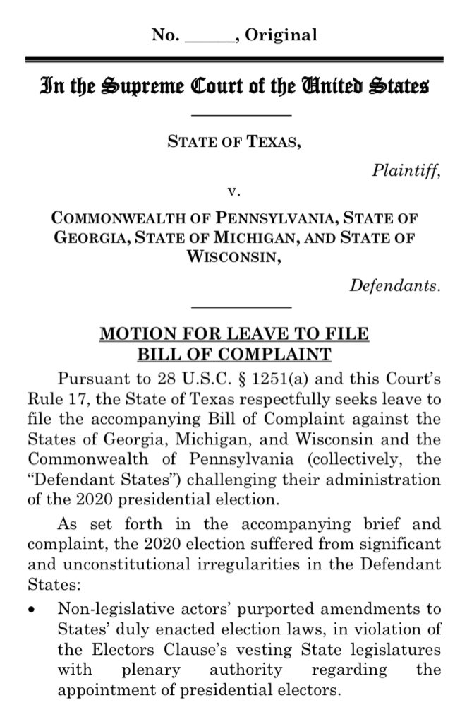 It looks like we have a new leader in the “craziest lawsuit filed to purportedly challenge the election” category:The State of Texas is suing Pennsylvania, Georgia, Michigan, and Wisconsin *directly* in  #SCOTUS.(Spoiler alert: The Court is *never* going to hear this one.)