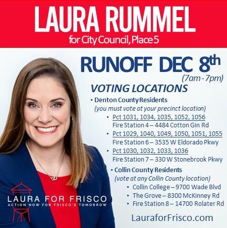 Vote_For_Tim's tweet photo. Today is the day to vote! If you’ve supported me in the past, I need your support today. Please vote for @lauraforfrisco, today, to succeed me on the #Frisco City Council. She’ll be great!  Today is the final day of voting. Thank you! https://t.co/y9HaVDA5kE