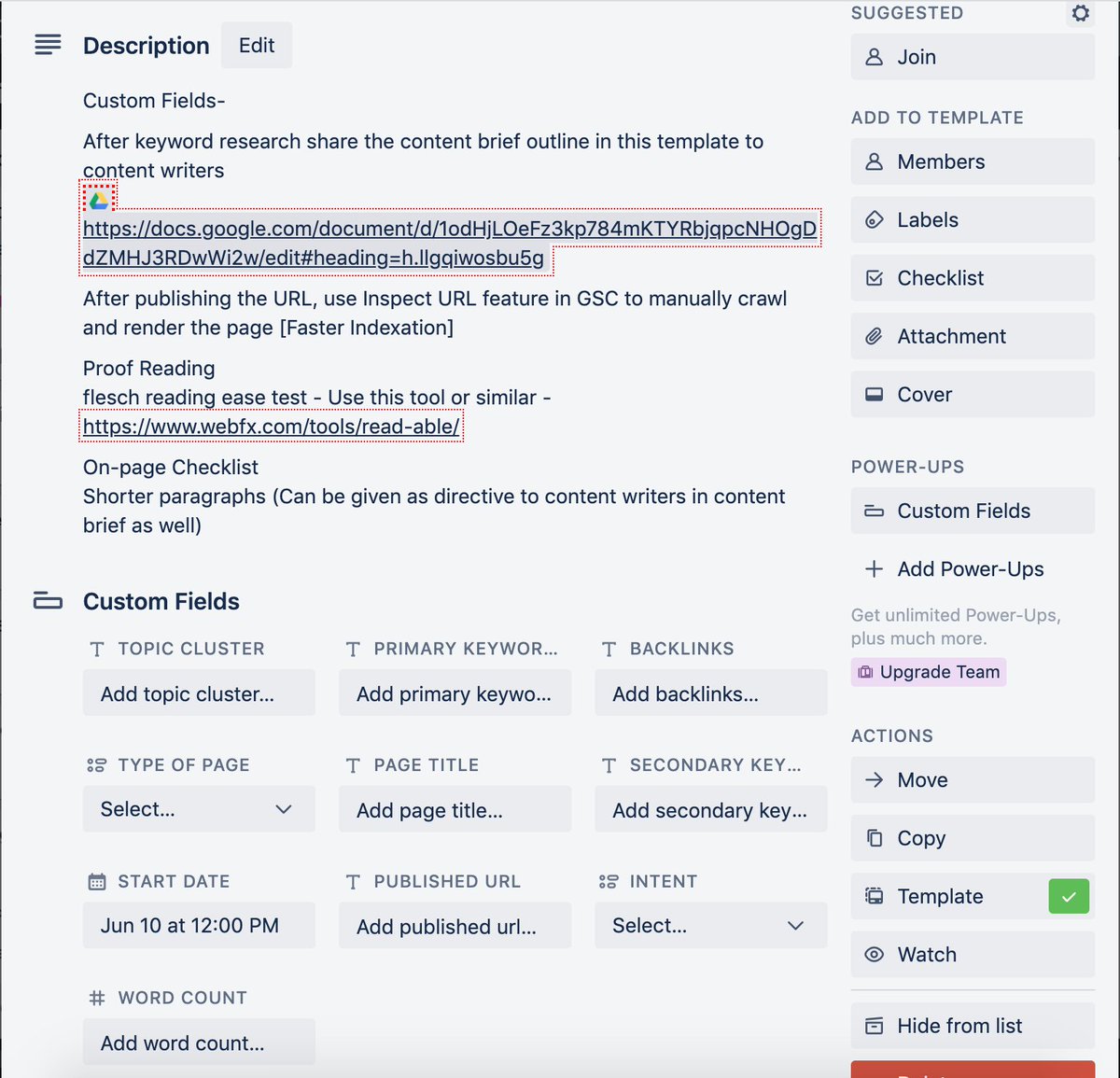3/ To rank for the right search intent, you need strong keyword research.That is where all your topics and the type of pages to create for them should come from.We built a template card in  @trello where I entered all the core things required for page creation.