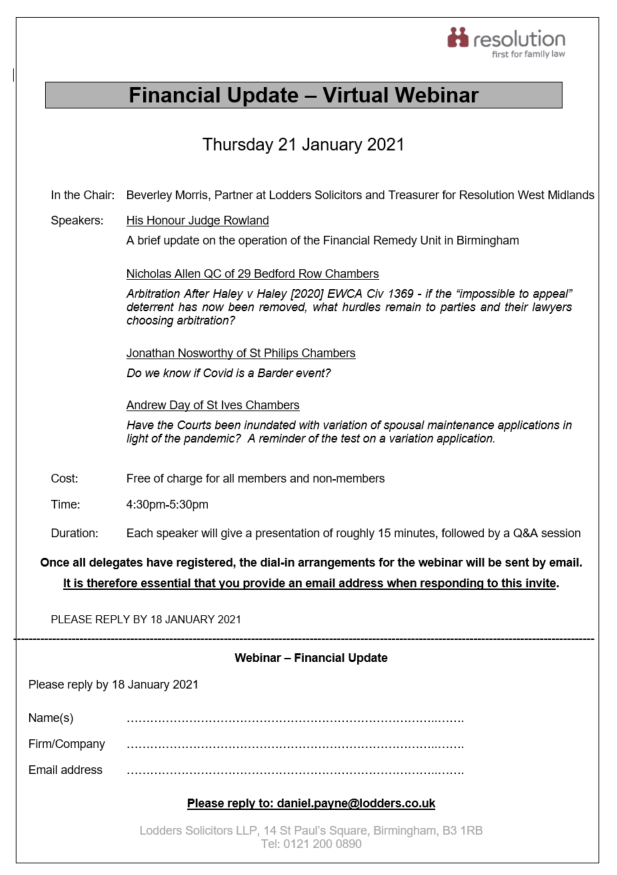 ResWestMids's tweet photo. Our first event of 2021 has been announced! We are starting the year with a Financial Update delivered by HHJ Rowland, @nicholasallen29, Jonathan Nosworthy and @AndrewDayLegal on 21 Jan at 4:30PM event is FREE to ALL. View image for sign up details. #FamilyLaw https://t.co/JsiQWSZox1