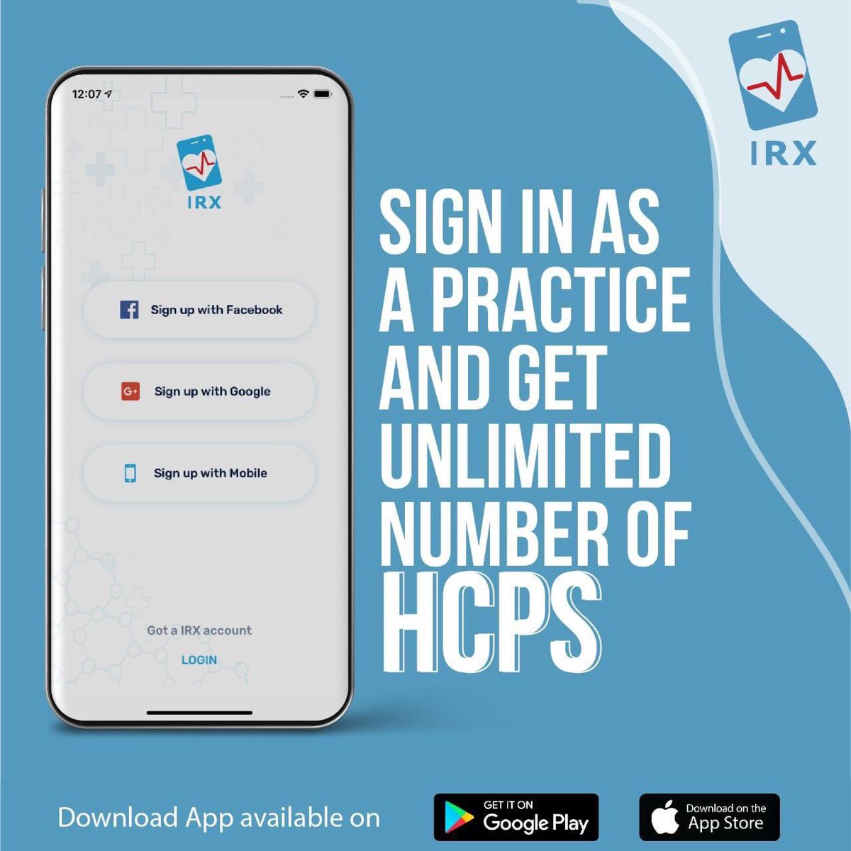 Smartirx's tweet image. When you sign in as a #practice on Smart IRX you get unlimited number of Health Care Professionals (HCPS) 👩🏻‍⚕️ 👨🏻‍⚕️ 
Get your digital practice activated today 🩺

#irx #smartirx #application #doctors #patients #medical #health #googleplay #applestore