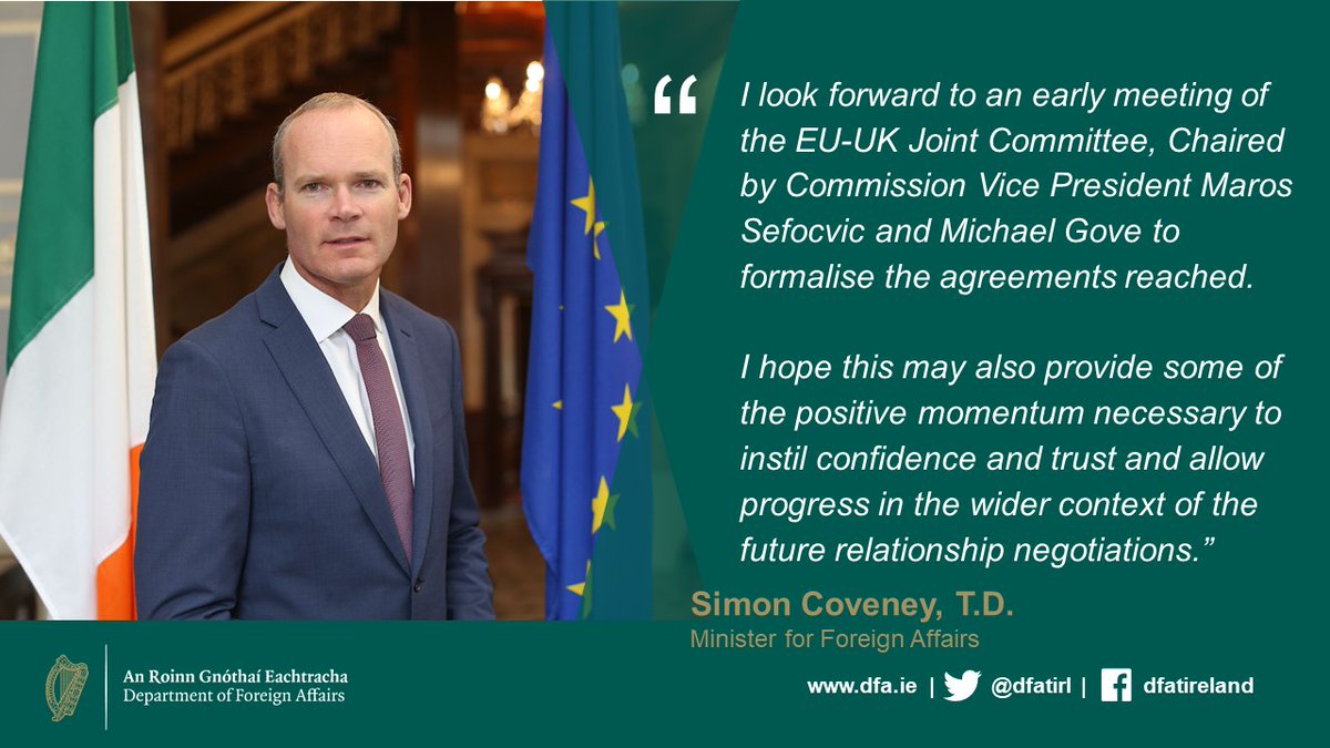 Irish Foreign Ministry (@dfatirl) on Twitter photo Minister <a href="/simoncoveney/">Simon Coveney</a> welcomes the positive news this afternoon from the EU-UK Joint Committee, that agreement in principle has been reached on the outstanding issues on the implementation of the Protocol on Ireland & Northern Ireland.
Full statement👉bit.ly/3mVGgwI Minister <a href="/simoncoveney/">Simon Coveney</a> welcomes the positive news this afternoon from the EU-UK Joint Committee, that agreement in principle has been reached on the outstanding issues on the implementation of the Protocol on Ireland & Northern Ireland.
Full statement👉bit.ly/3mVGgwI