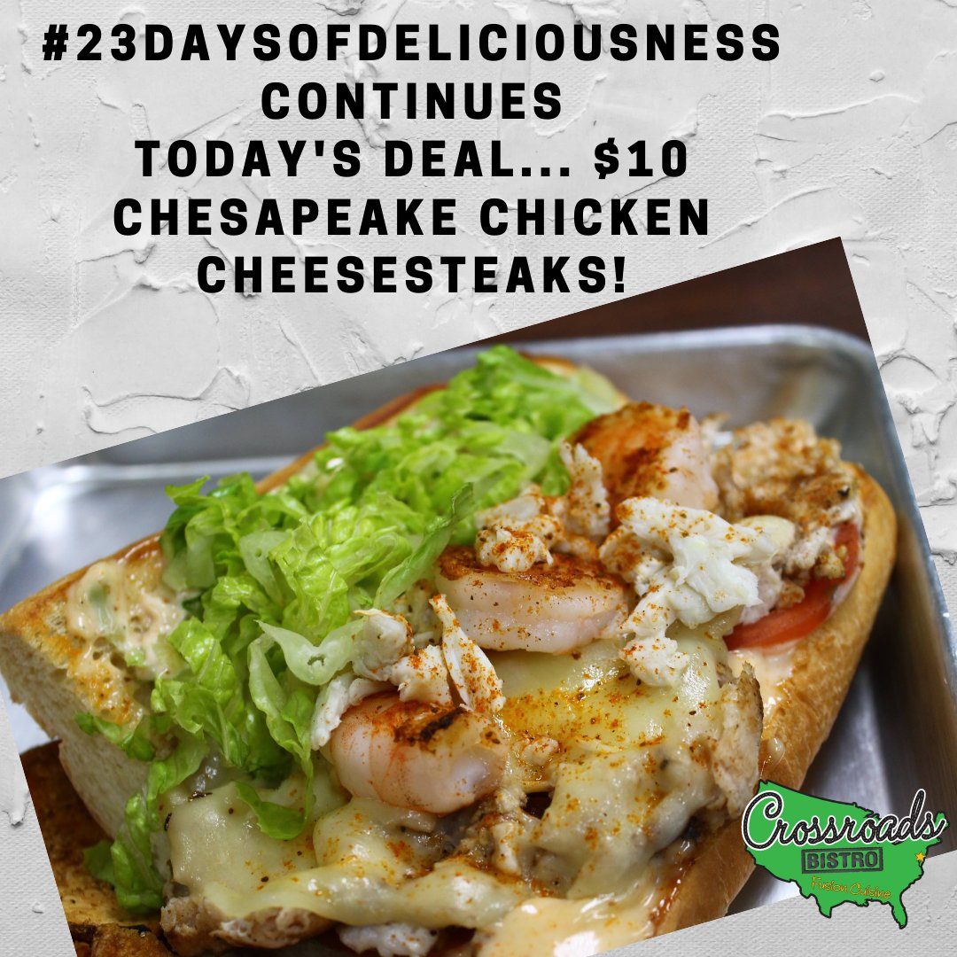 #23daysofdeliciousness continues! Head to The Restaurant Today and try Chloe's fave... our Chesapeake Chicken Cheesesteak! Shrimp, Crab, Chicken, Old Bay Aioli, Provolone, Lettuce, and Tomato for only $10 when you mention this deal! #serveyousoon #fresh #local #delicious #yum