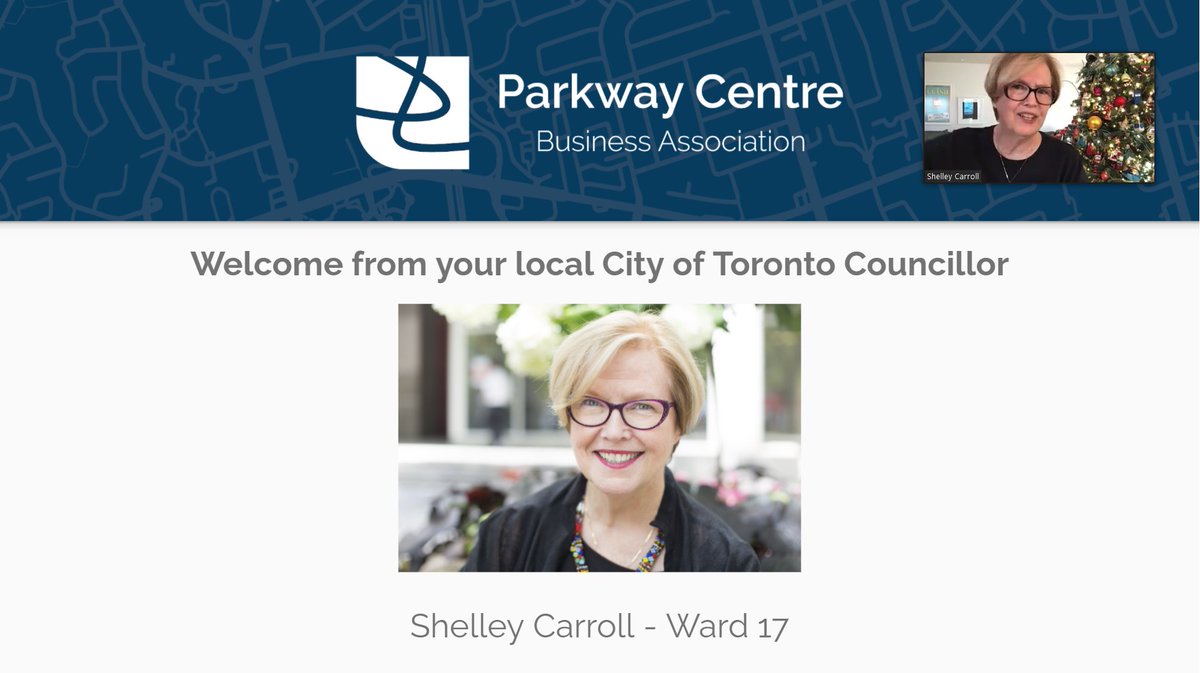 We are #Live with <a href="/shelleycarroll/">Shelley Carroll</a> for the #ParkwayCentreTO Virtual Town Hall for Businesses! Beautifully decorated tree!