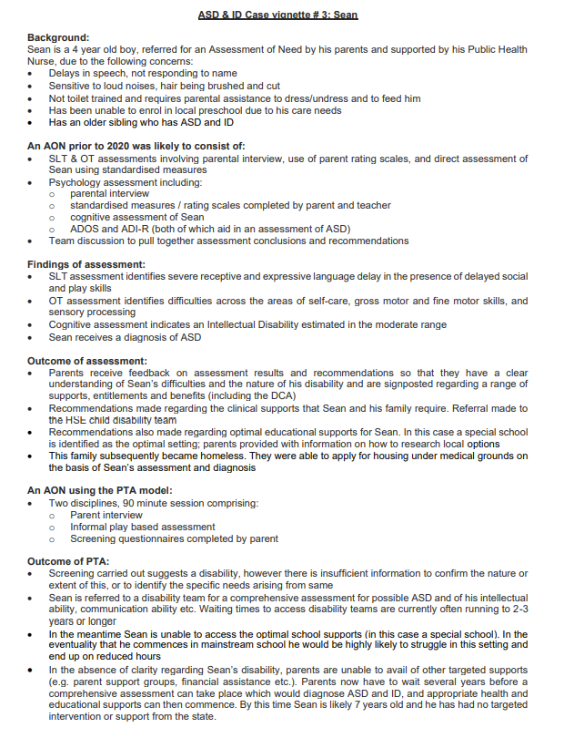 PsychSocIreland's tweet photo. The new AON SOP will not meet the needs of children, we have prepared vignettes explaining why. This is what Sean's journey would have looked like and how it will now look under the Preliminary Team Assessment. #MyPSI #psychology https://t.co/cV9tbJcMeD