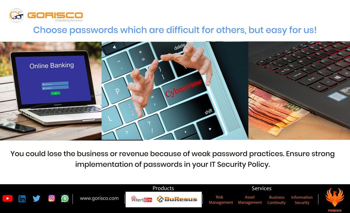 GoriscoSol's tweet photo. You are the gate keeper for your business, your passwords are the keys to your systems. Safeguard them well.
#gorisco #informationsecurity #assetmanagement #businesscontinuity #phoenixresilience https://t.co/f5bENQIsin
