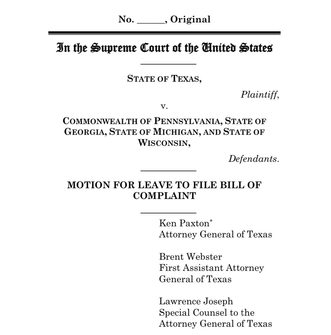 This Texas filing is so unbelievably embarrassing and offensive.  https://www.texasattorneygeneral.gov/sites/default/files/images/admin/2020/Press/SCOTUSFiling.pdf?utm_content=&utm_medium=email&utm_name=&utm_source=govdelivery&utm_term=