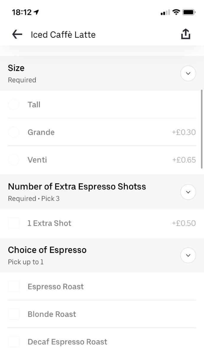 Vezoia's tweet photo. @Uber_Support Oops.. another one @UberUKsupport - @StarbucksUK  honestly, I'd consider another platform - myself and my roommate can't order from any of our devices and Uber's response is 'try restarting the app'. Needs 3 selections in extra espresso shots - only one visible. https://t.co/Cim4Wguinf