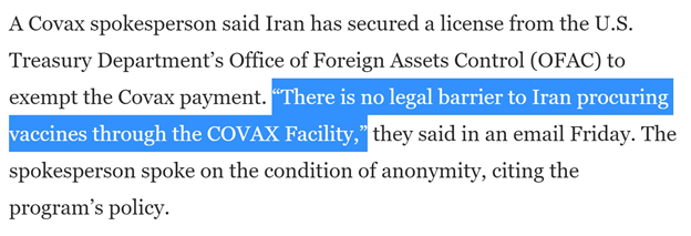 THREAD1) @washingtonpost pushes  #Iran’s talking points on US sanctionsArticle itself is contradictory:"Iran has received a U.S. government exemption to procure vaccines""experts" include  @yarbatman, a known Iran apologist with ties to Tehran's UK amb  @baeidinejad #FakeNews
