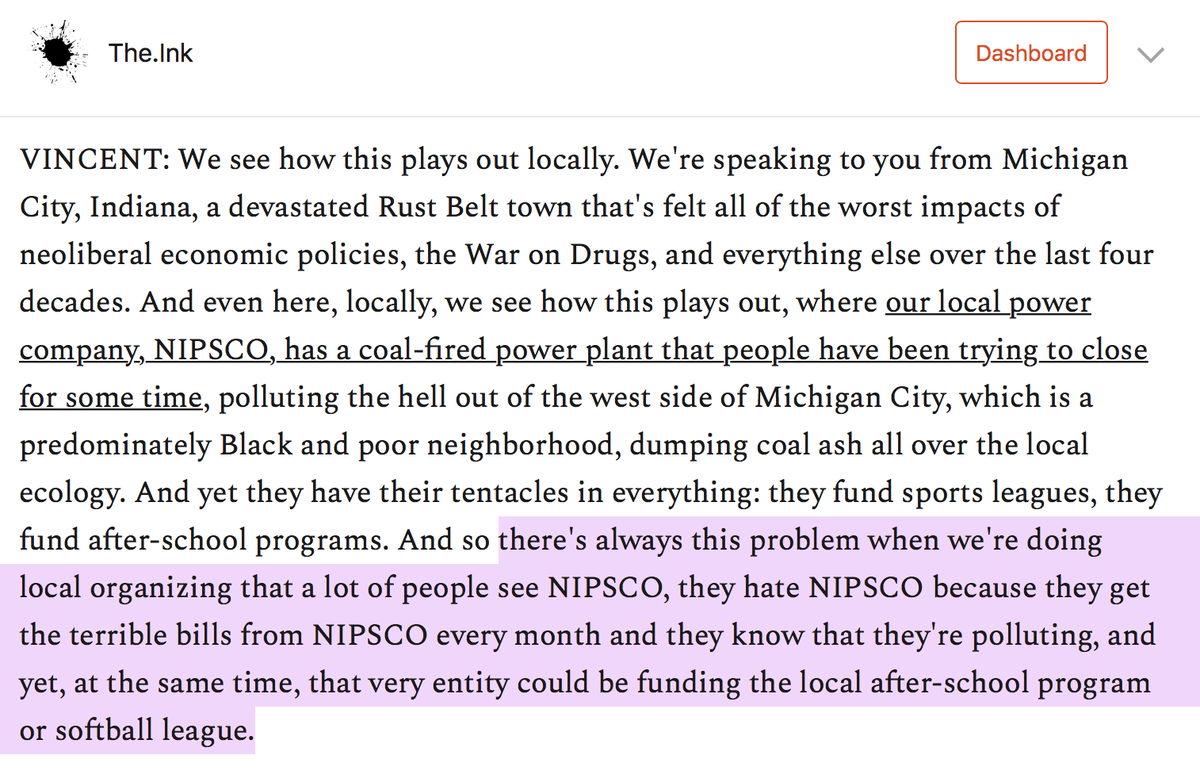 . @Vince_Emanuele told me how he sees the problems of plutocracy and philanthropy playing out in Michigan City, where the company screwing you is also your benefactor. https://the.ink/p/michigancity&nbsp;