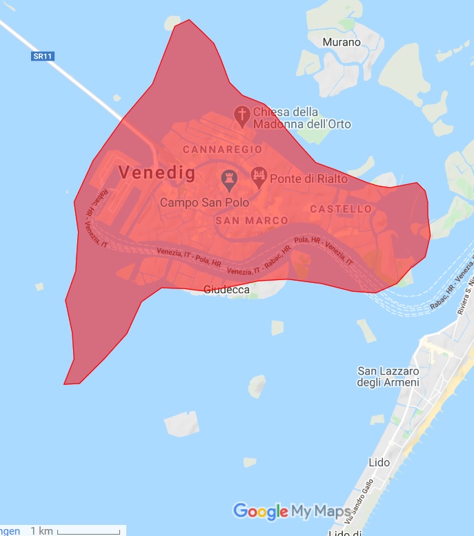 The spatial extent of  #Byzantine  #Constantinople within a modern map of  #Venice