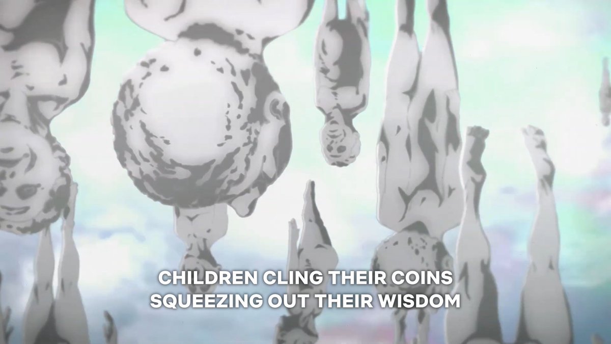 + as if this OP couldn't get any better. In addition to the lyrics, those ominous lines are chanted during chorus. The second one is even a reference to chapter 131 of the manga