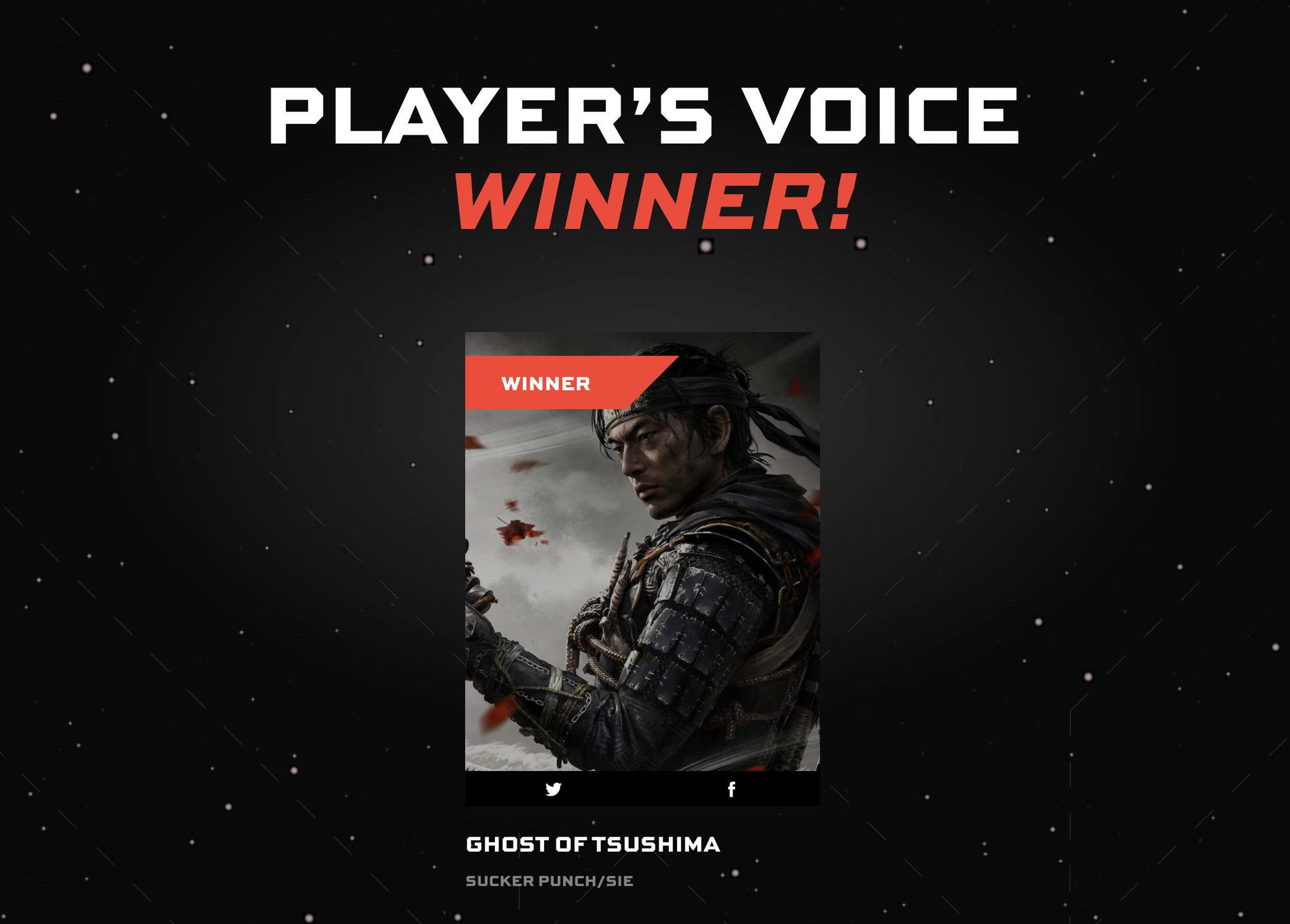 The Game Awards on X: Millions of you voted, and now, the results are  official: GHOST OF TSUSHIMA from @SuckerPunchProd and @PlayStation is your  choice for #TheGameAwards Player's Voice Award.   Congratulations!