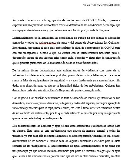 STTCONAF's tweet photo. 📌 Aqui la carta oficial de nuestros camaradas del Maule. Cuando los obreros del fuego paralizan es porque se carece hasta de lo mas esencial para combatir las llamas; agua, alimento y materiales son las enormes falencias de una institucion (CONAF) (1/2) https://t.co/NZPu56usqV