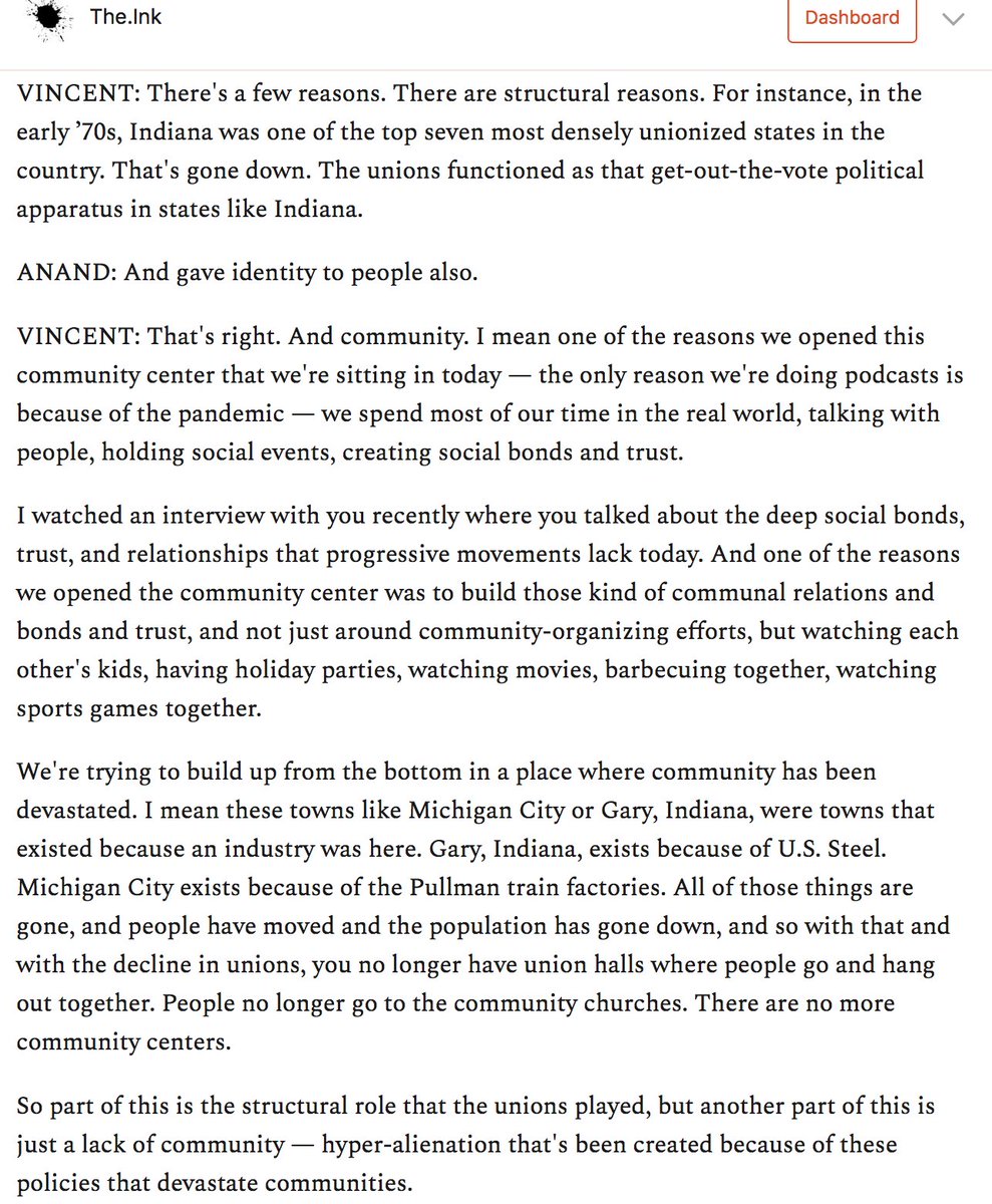 We talked about why Democrats struggle with working-class voters.  @Vince_Emanuele offered a familiar diagnosis (union decline and right-wing policies) and a less-familiar one: the failure to combat "hyper-alienation" by building social bonds and trust. https://the.ink/p/michigancity&nbsp;