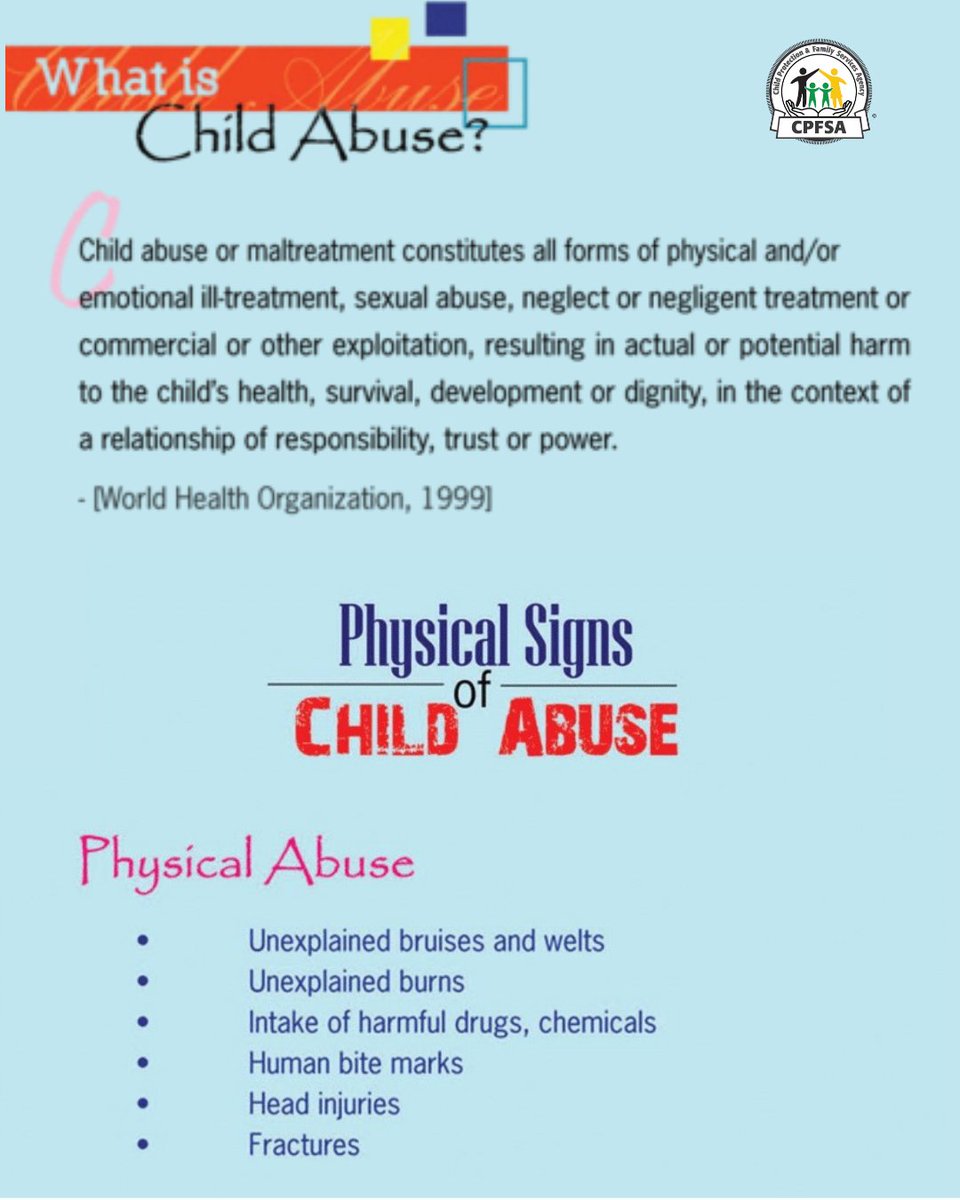 cpfsajm's tweet photo. Would you recognize if your child/sibling/friend/neighbour was being abused?
Know the signs!
#REPORTchildabuse #888PROTECT (776-8328) https://t.co/EtekDkFI5E