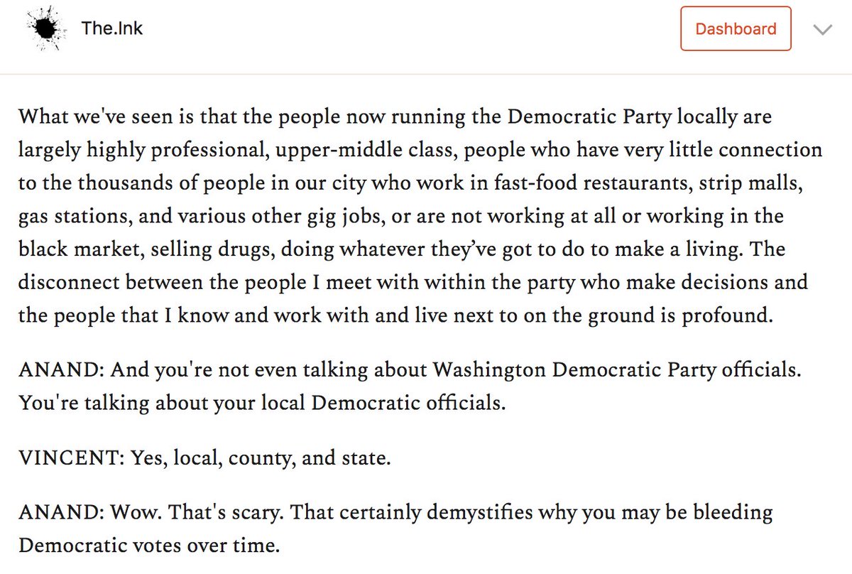 In a town that is overwhelmingly working-class,  @Vince_Emanuele fears a local Democratic Party apparatus that is more and more professional and upper-middle class -- and out of touch. https://the.ink/p/michigancity&nbsp;