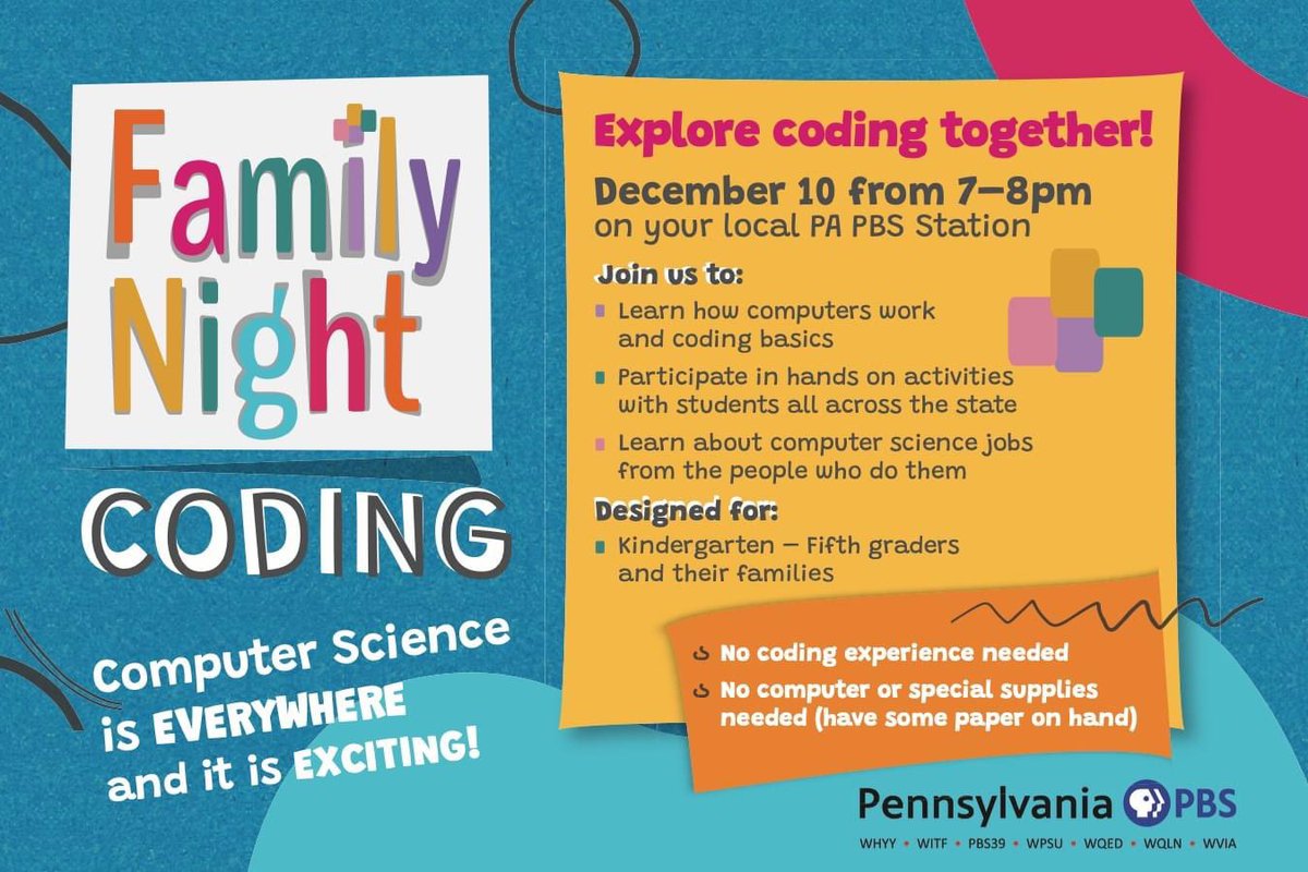 usc_library's tweet photo. This Thursday, Dec. 10 on your WQED Showcase 13.4 channel, grab your family and enjoy this educational program about coding! The show is from 7-8 p.m. and is designed for K-5th grade. #usclibrary #upperstclairlibrary #upperstclair #codingforkids #pbskids #wqed #pbs https://t.co/YsliZ6JXNi