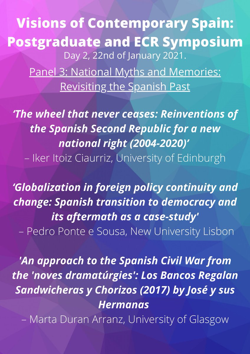 VisionsSpainPGR's tweet photo. We are delighted to reveal our speakers for 'Visions of Contemporary Spain' on 21st/22nd Jan 2021 📅 This symposium brings together PGRs &amp; ECRs from diverse disciplines researching contemporary Spain &amp; its communities 🌱🎓

Please share! 🔁

Registration: https://t.co/XJLYYqo0yh https://t.co/TsKsB42SiV