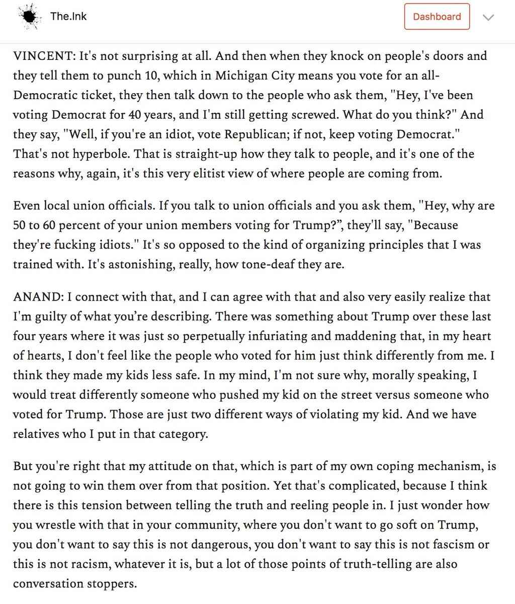 We talked about something I have constantly struggled with in the Trump years -- how to balance the need for being truthful about what was happening with the need to win other people over. https://the.ink/p/michigancity&nbsp;