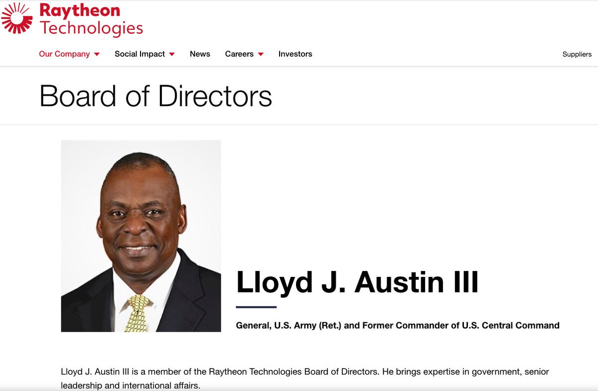 Gen. Lloyd Austin, on the Raytheon Board, is yet another high-level Biden nominee enmeshed in DC's corporatist "revolving door" of legalized influence-peddling.If confirmed, Raytheon will have a very good friend in charge of the bloated $750 billion annual U.S. defense budget.