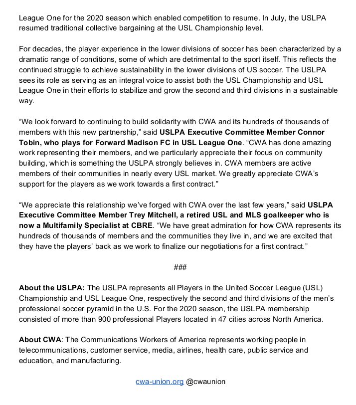 USLPlayers's tweet image. USLPA Statement on @CWAUnion Partnership:
