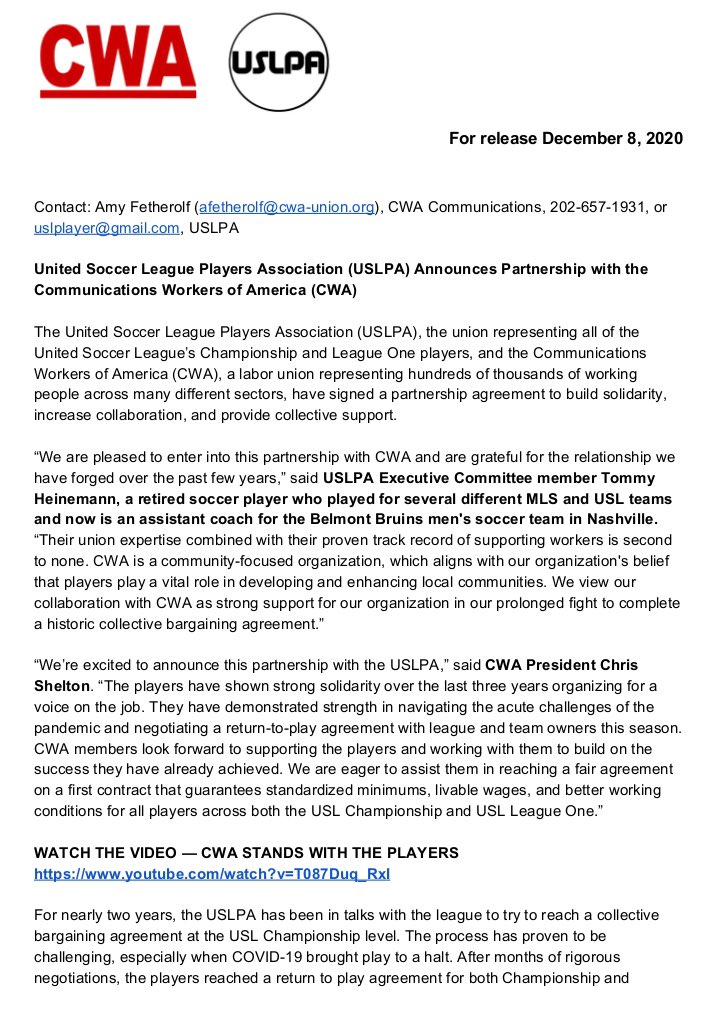 USLPlayers's tweet image. USLPA Statement on @CWAUnion Partnership: