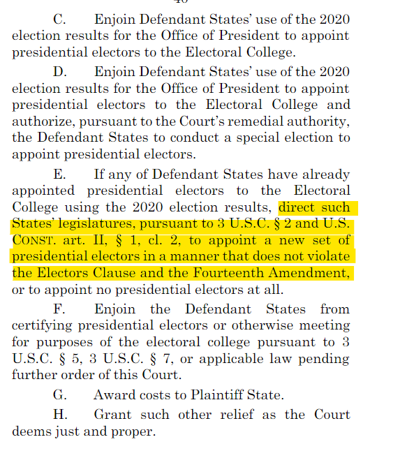 ...and instead, get the State Legislatures to just appoint electors. Which, apparently, isn't a Fourteenth Amendment problem (unlike vote curing in Dane County, which apparently is.) Hmm.
