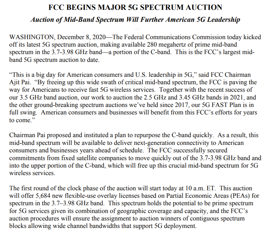 AjitPai's tweet photo. The @FCC's #CBand auction is starting! At stake is 280 MHz of prime mid-band spectrum that offers good geographic coverage and capacity. The auction promises to deliver strong value to wireless consumers and will further advance U.S. leadership in #5G. https://t.co/s514ecCyOU https://t.co/83huVfyFWa