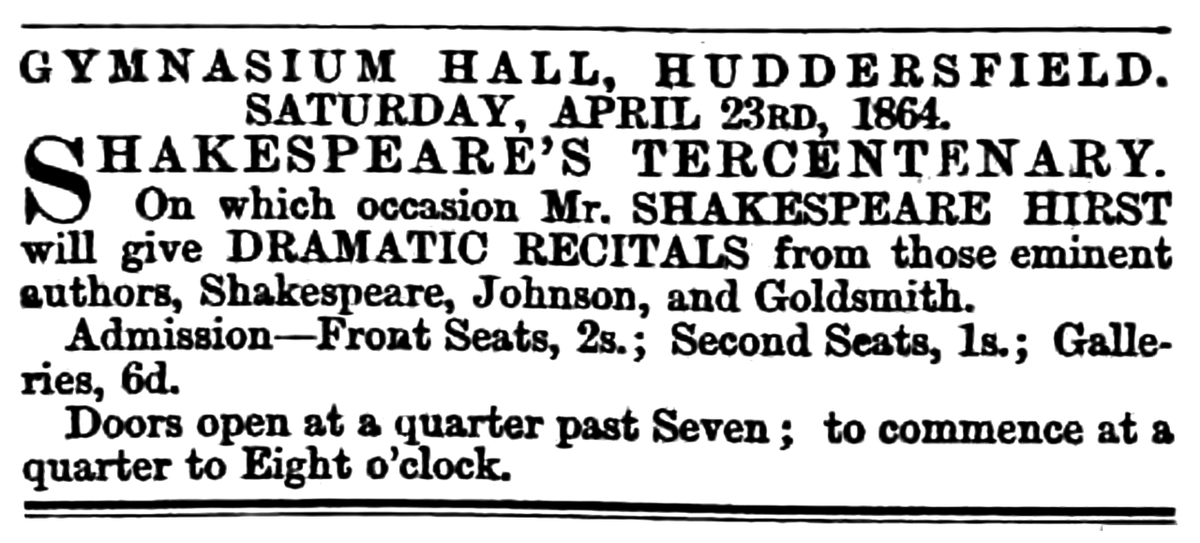Local innkeeper Henry Hirst was such a fan of The Bard that he named is son Shakespeare, Despite being lumbered with that name, young Shakespeare Hirst inherited his father's obsession and became a well-known expert and collector of all things Shakespearean.