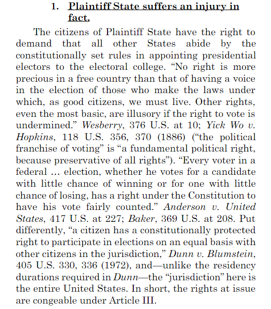 Here's the problem: half the Texas brief argues the right to vote is so sacred that it's unfair if PA postal voters get better treatment. The other half argues that voting in Presidential elections is meaningless because the legislatures can just pick Electors.