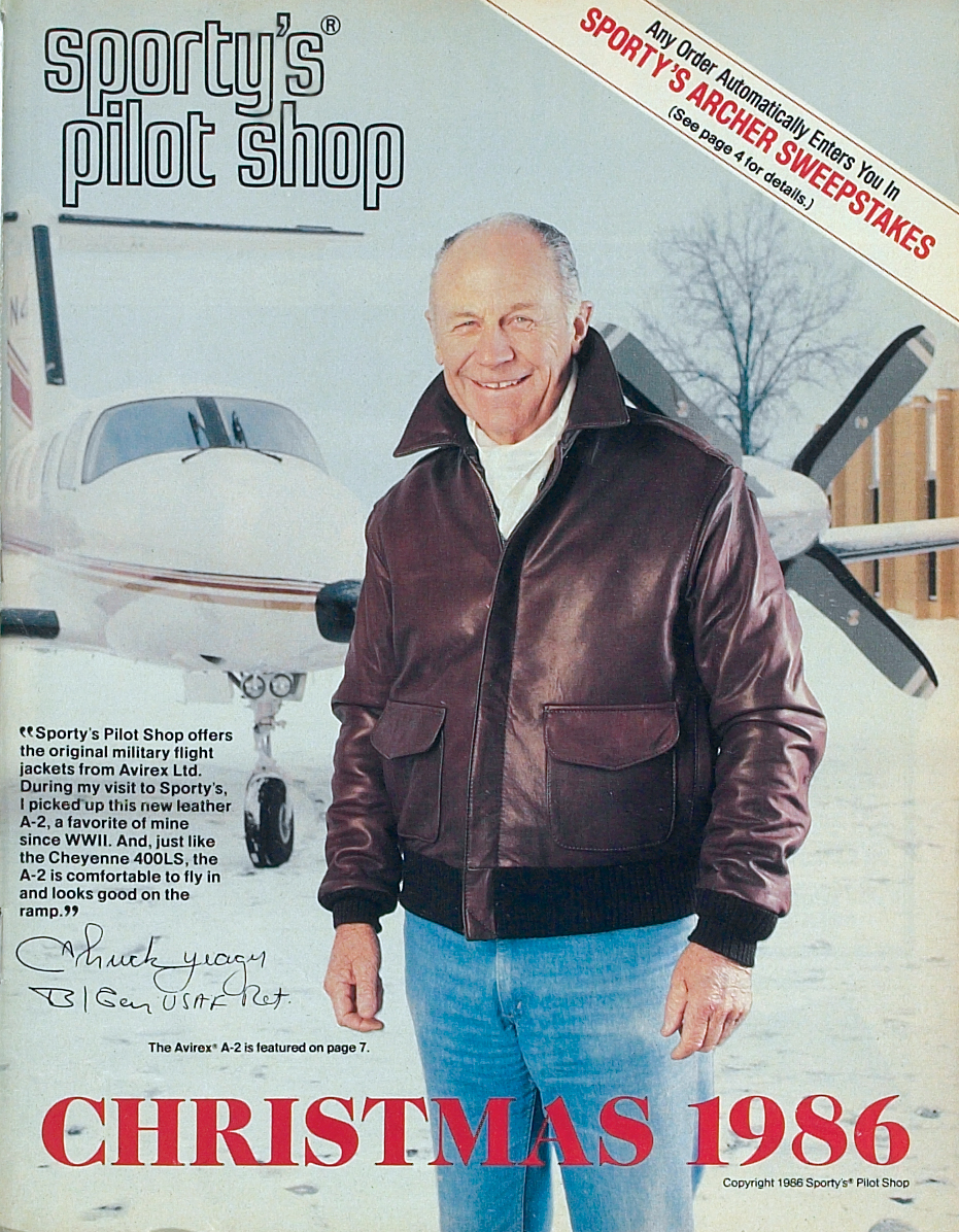 Sportys's tweet image. Remembering a great aviator today. We were fortunate to have Chuck Yeager visit Sporty's in the 1980s, and even appear on our catalog cover. He was one of a kind.