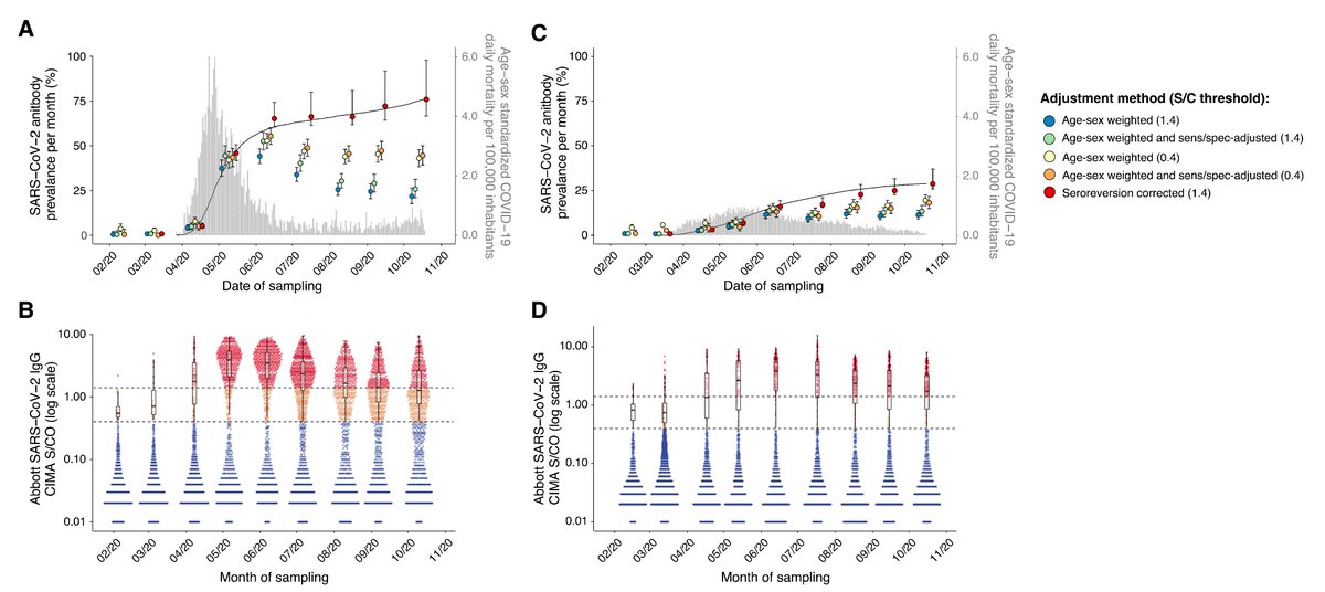 Testing approximately 1,000 residual blood donation samples each month, we were able to analyze how antibody prevalence changed between Feb and Oct, spanning the course of both local epidemics.The main figure summarizes the results for Manaus (left) and São Paulo (right)