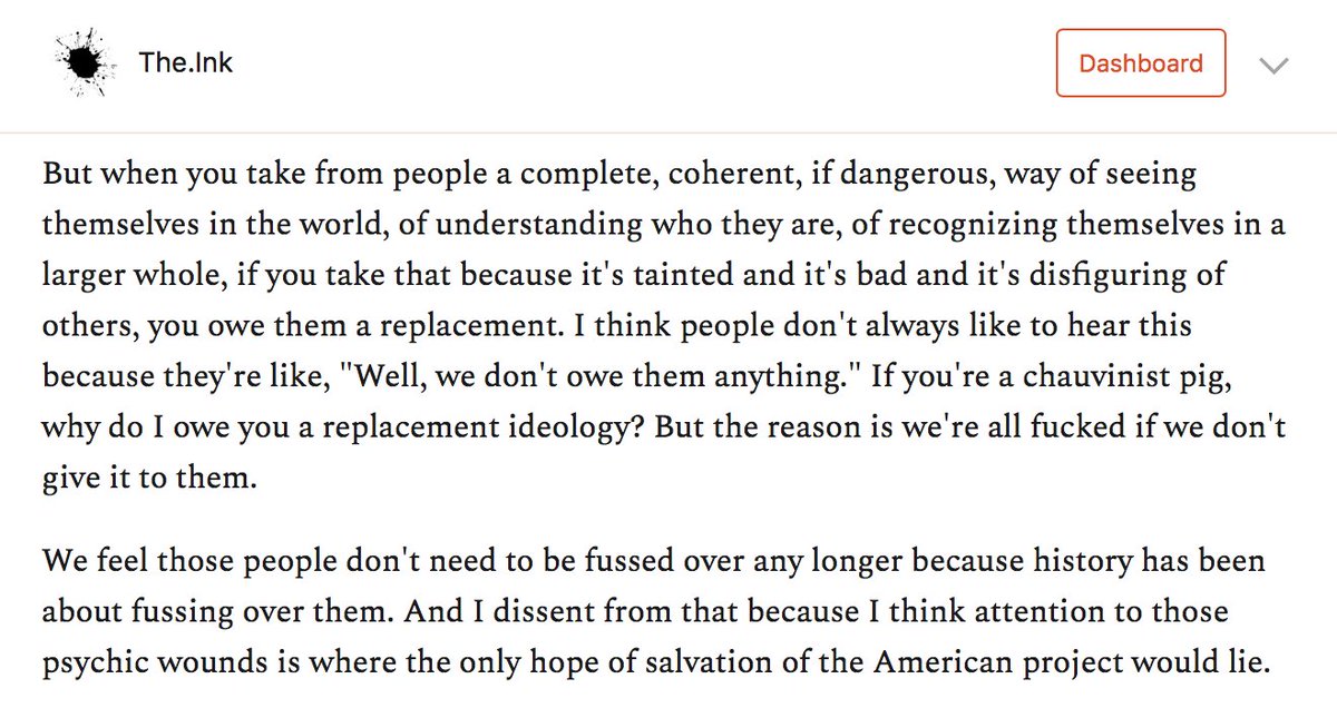 This is tricky, because people justifiably feel they don't want fuss over folks losing privilege, since they've BEEN fussed over too long.And yet attention to those psychic wounds is where the only hope of salvation of the American project would lie. https://the.ink/p/michigancity&nbsp;