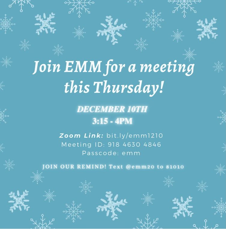 Join us for our meeting this Thursday, 12/10 from 3:15-4 pm! Join our remind for more information. We hope to see you there! 💜🦅 #ehsmindsmatter