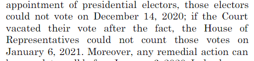 Texas wants to keep the case alive past 14 December, the day the Electoral College votes, by asserting that SCOTUS can retroactively invalidate votes until Congress counts them on 6 January. So don't expect Trumpworld to acknowledge Biden's win next week.