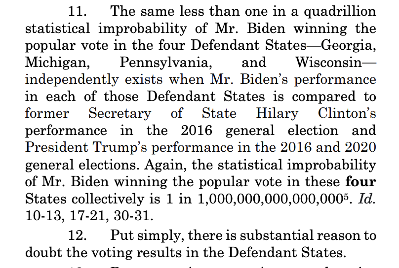 It also argues that SCOTUS should invalidate millions of votes in part because Biden did better in these states than Hillary Clinton did and than Trump was supposed to. This argument is that it was suspicious simply that Biden got more votes
