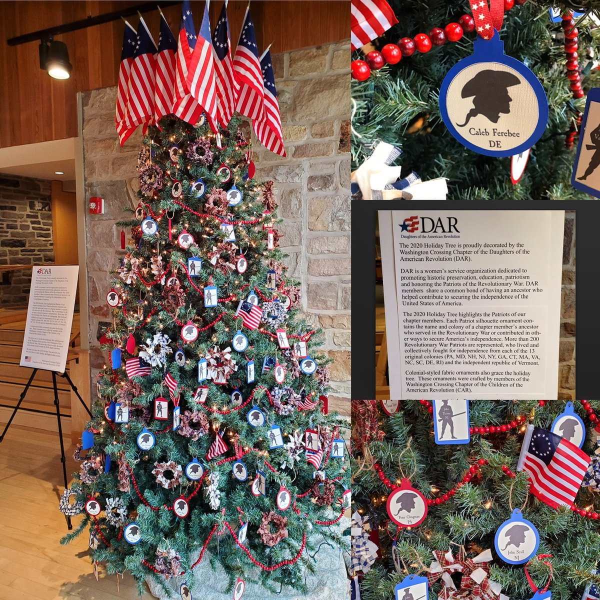 WashXingDAR's tweet photo. Each year the Washington Crossing Chapter decorates a  tree in the foyer of the Washington Crossing Historic Park Visitors Center. Go see and enjoy it! The ornaments honor  the names of Revolutionary War Patriots of chapter members and includes colonial-style wreath ornaments. https://t.co/ankixD44EI