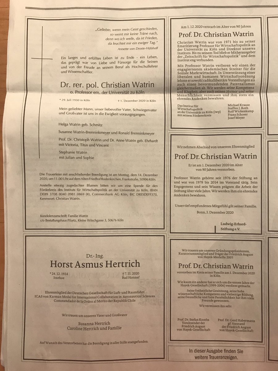 ChristophSprich's tweet photo. Prof. Dr. Christian #Watrin - Ein ordnungspolitisches und ordnungsökonomisches Schwergewicht ist von uns gegangen. Habe ihm als Ökonom und Hayekianer einiges zu verdanken. Ein Verlust für unser Land. @HayekSociety @LEStiftung https://t.co/6bEGk0mhSi