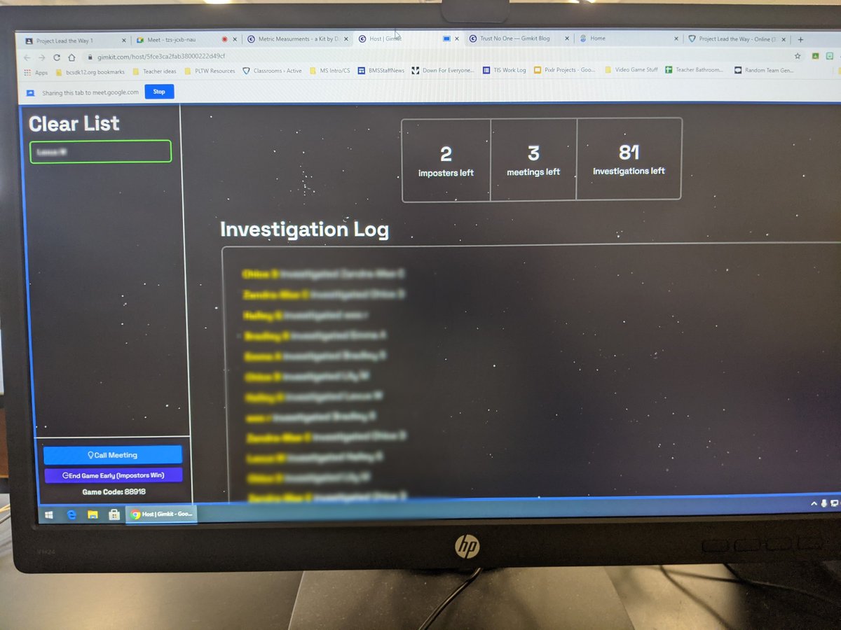 I love <a href="/gimkit/">Gimkit</a>, but this new Trust No One mode is 
 even more awesome!  All my Among Us obsessed <a href="/PLTWorg/">Project Lead The Way</a> Ss were heavily engaged and reinforcing their measuring skills.  Now we just need to get their debate skills past the "X is sus!" "No I'm not!" point...
#BMSthePlace2B