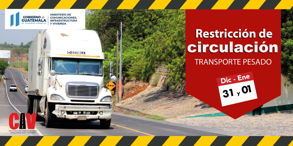 CIV_Guatemala's tweet photo. #CivInforma Se restringe la circulación del transporte pesado el 24 de diciembre a partir de las 12:00 hrs al 25 de diciembre a medianoche. Asimismo, 31 de diciembre desde las 12:00 hrs al 1 de enero 2021 a medianoche.
Conoce los detalles en esta nota 👉 https://t.co/ri2dowd1XG https://t.co/ER4xIhHaXz