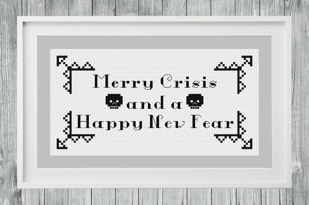 Merry Crisis cross stitch pattern (3 options available) ~ Available on Etsy! (Link in bio) #funnycrossstitch #christmas #christmascrossstitch #crossstitch #etsy #etsyshop #etsyseller #etsysellers  #crossstitchdesign #etsypdfpattern #pdfpatterns #crossstitcher #diycrossstitch