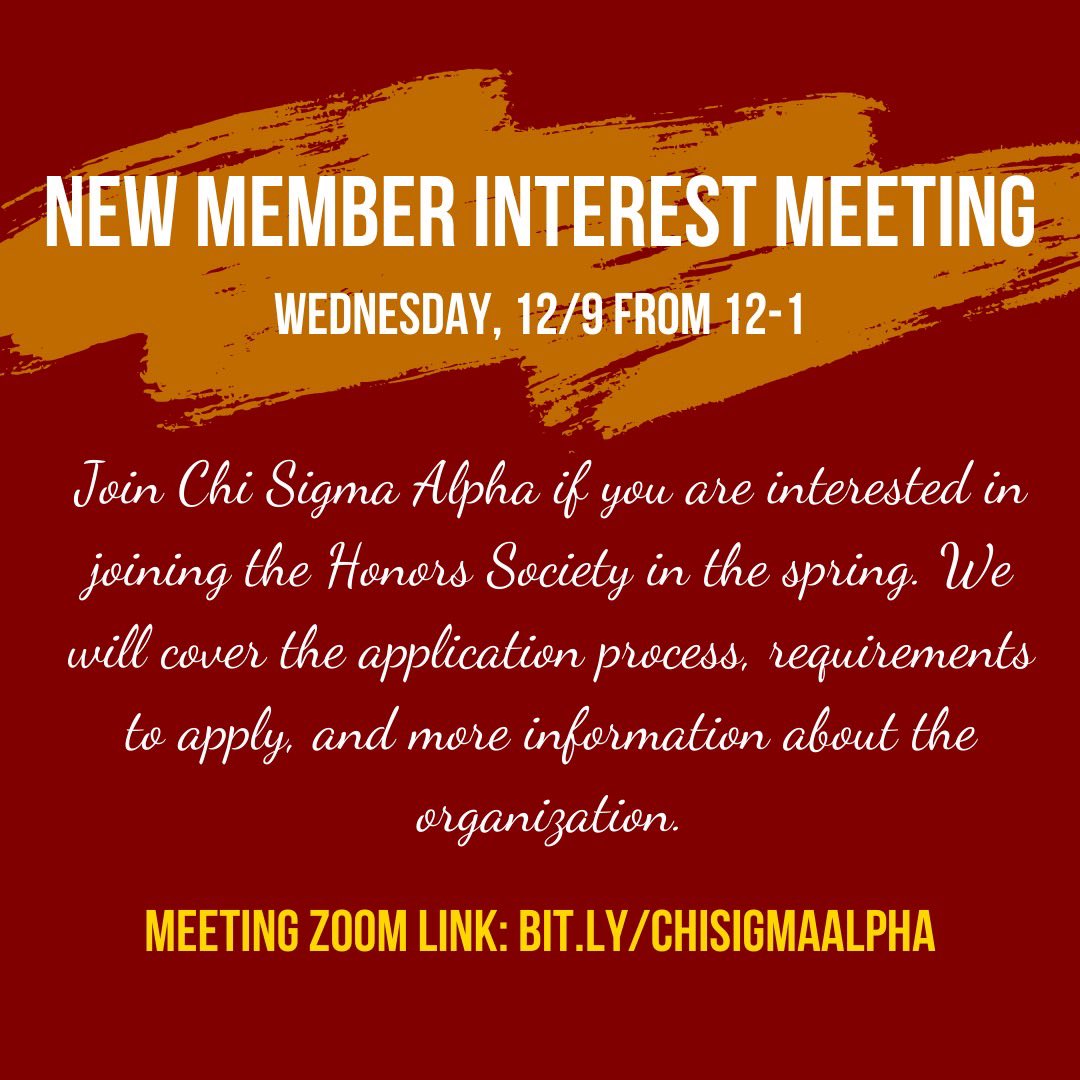Current #UofSCHESA grad students! Want to learn more about joining the Delta Chapter of Chi Sigma Alpha, the #studentaffairs honors society? Mark your calendars 🗓 for their upcoming Interest Meeting on Wednesday, Dec. 9 at Noon! 🤙 #uofsc #uofschesa