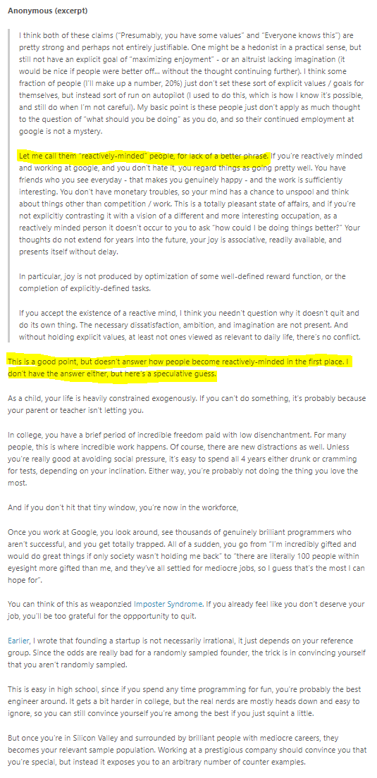 My favorite response was from an anonymous who talked about people being "reactively minded for lack of a better term"