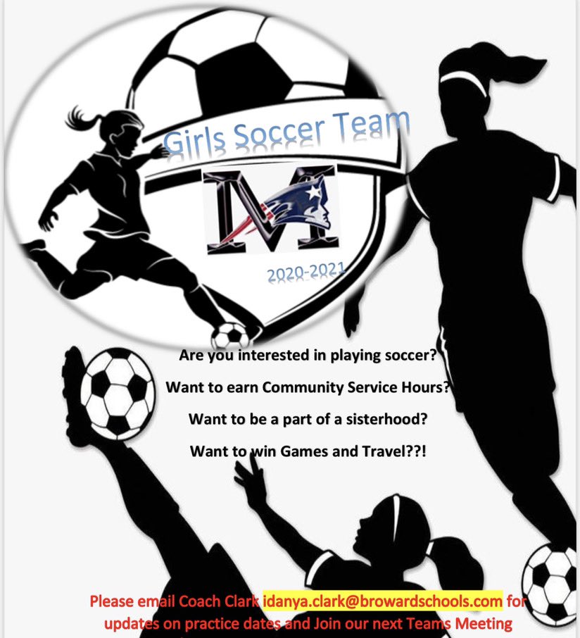 GirlsMiramar's tweet photo. Any Ladies who go to Miramar High &amp; are interest in joining the soccer team
Please email Coach Clark @ idanya.clark@browardschools.com. We have practice everyday this week at 4pm at the school! https://t.co/M4pPQU9nWO