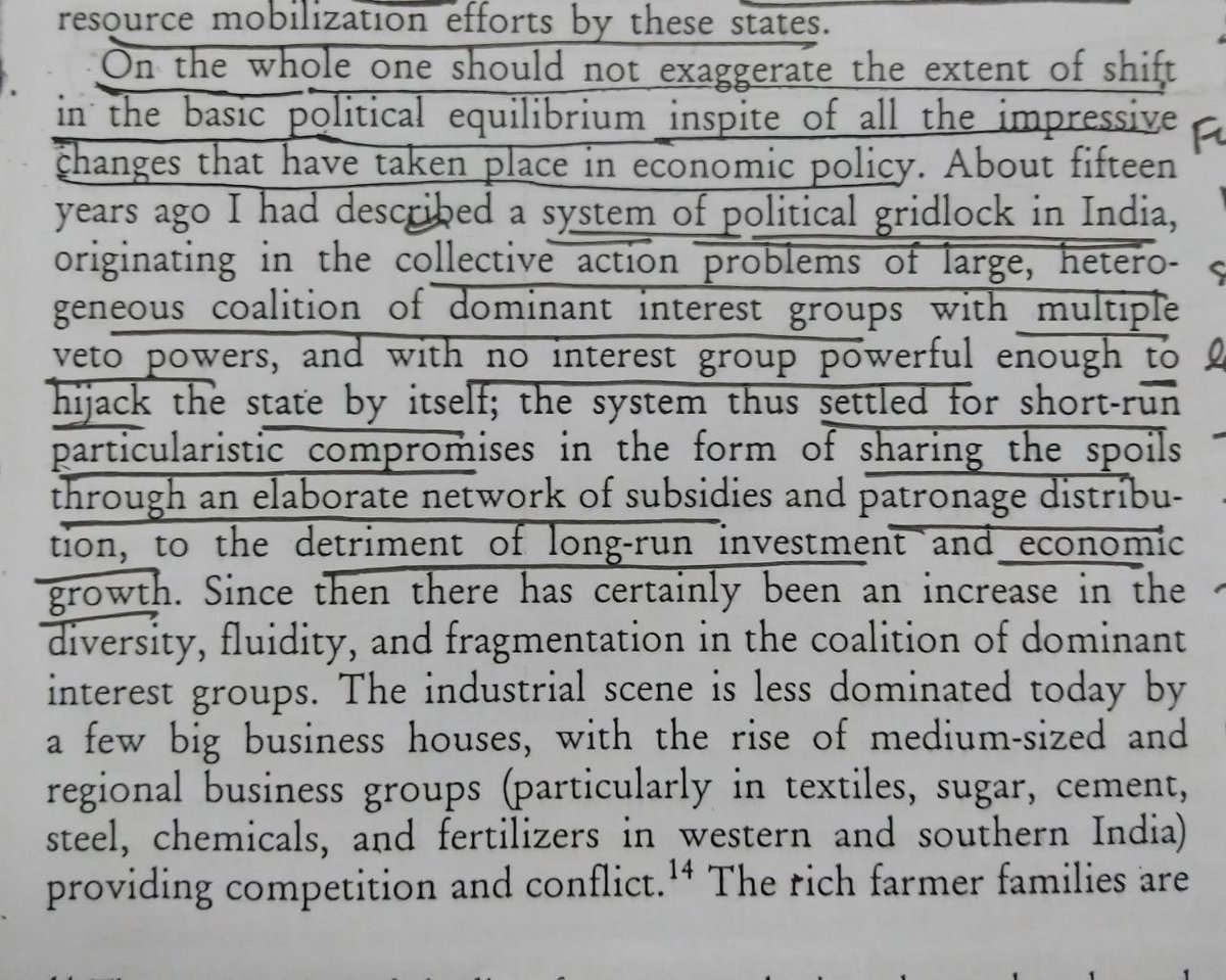 big business, labor union, teachers union, landowning farmers, PSU employees, etc. In thinking about Indian political economy, I keep going back to this paragraph by Pranab Bardhan, written in 1998 but as much relevant today.