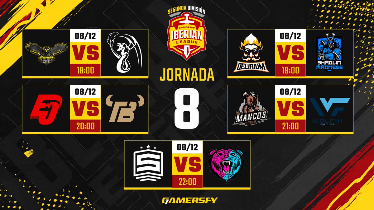 🏆 2ª División #Jornada8

¡TREMENDOS PARTIDOS! tan solo quedan 2 jornadas y hoy se deciden muchas cosas 🤤

⚔️ @EmpiReClubeu vs <a href="/AmaruEsports/">Amaru eSports</a>

⚔️ <a href="/DeliriumCR/">Team DeliriuM</a> vs <a href="/ShaolinMadness/">Shaolin Madness</a>

⚔️ <a href="/EliteWarClub/">EliteWar CLUB 🕹🎮</a> vs <a href="/Team_Bravus/">Team Bravus</a>

⚔️ <a href="/MancosSquad/">MancosSquad</a> vs <a href="/WolfixGaming/">Wolfix Gaming</a>

⚔️ <a href="/Souldazz/">Souldazz</a> vs <a href="/WeAreFivestars/">FiveStars esports</a>